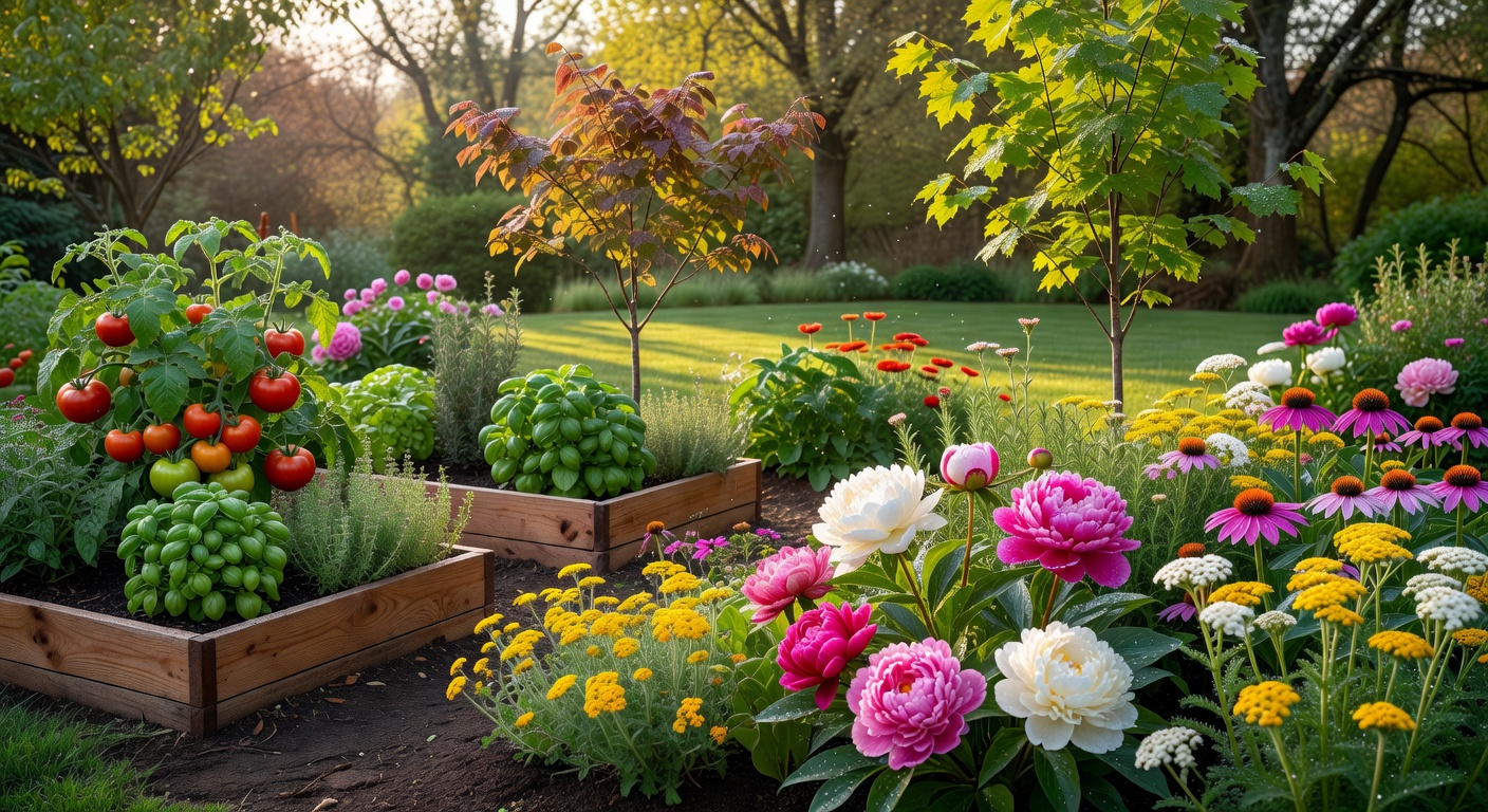 Lush diverse garden with vegetables, flowers and young trees at golden hour